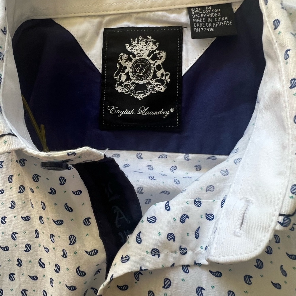 ENGLISH LAUNDRY BUTTON UP DRESS SHIRT WHITE W/ BLUE PATTERNS MENS SIZE MEDIUM - Picture 3 of 12